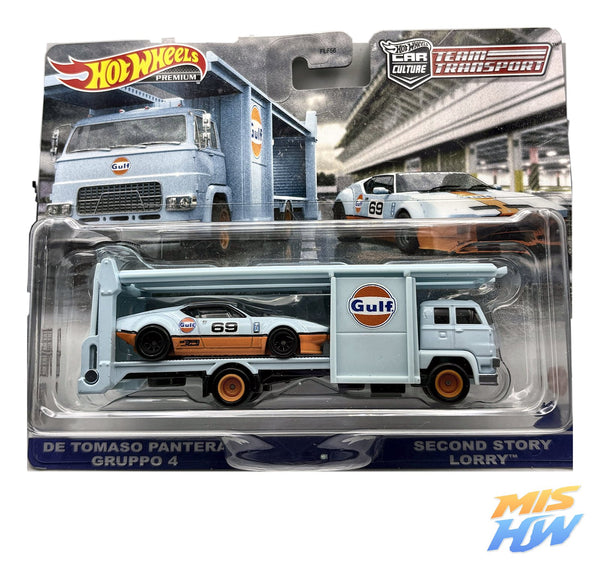 Hot Wheels Team Transport De Tomaso Pantera Gruppo 4 y Second Story Lorry (Gulf), en carta original